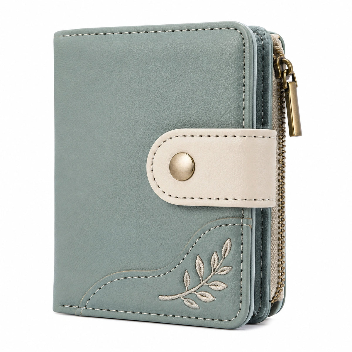 Portefeuille 12 x 10 x 3 cm en similicuir vert d'eau avec fermeture zippée style brodé