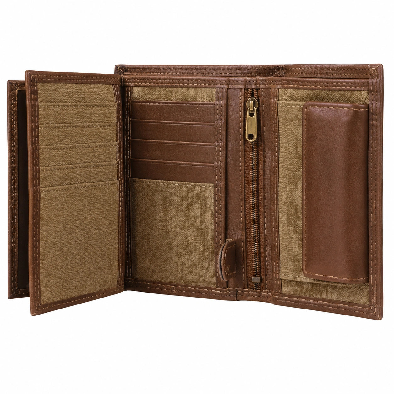 Portefeuille pliant 12 x 9.5 x 2.5 cm en cuir marron beige avec fermeture zippée
