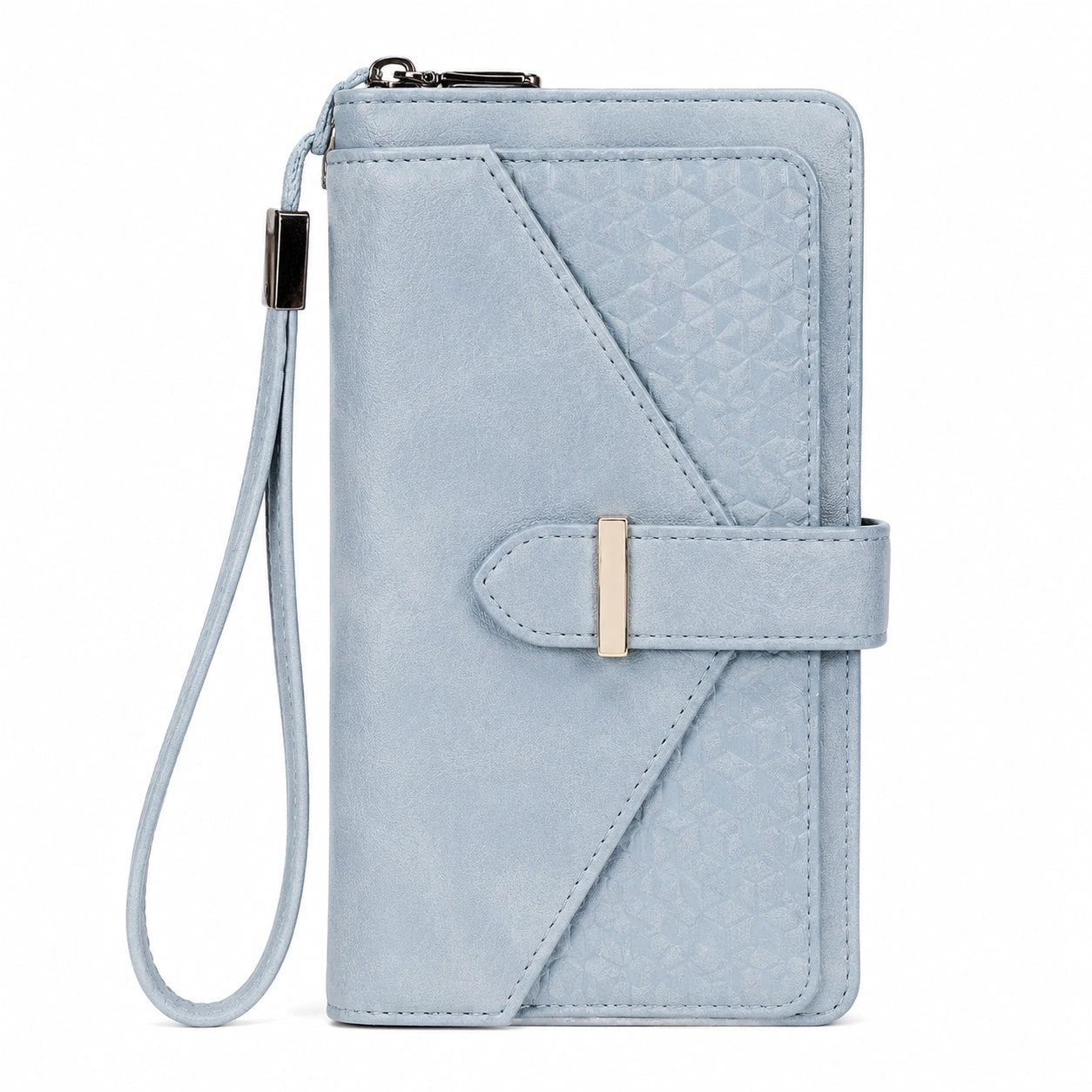 Portefeuille femme 19 x 10 x 3 cm en similicuir bleu clair avec dragonne et fermeture zippée