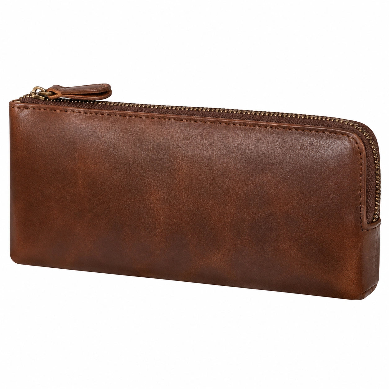 Portefeuille zippé 20 x 10 x 2 cm en cuir marron style classique