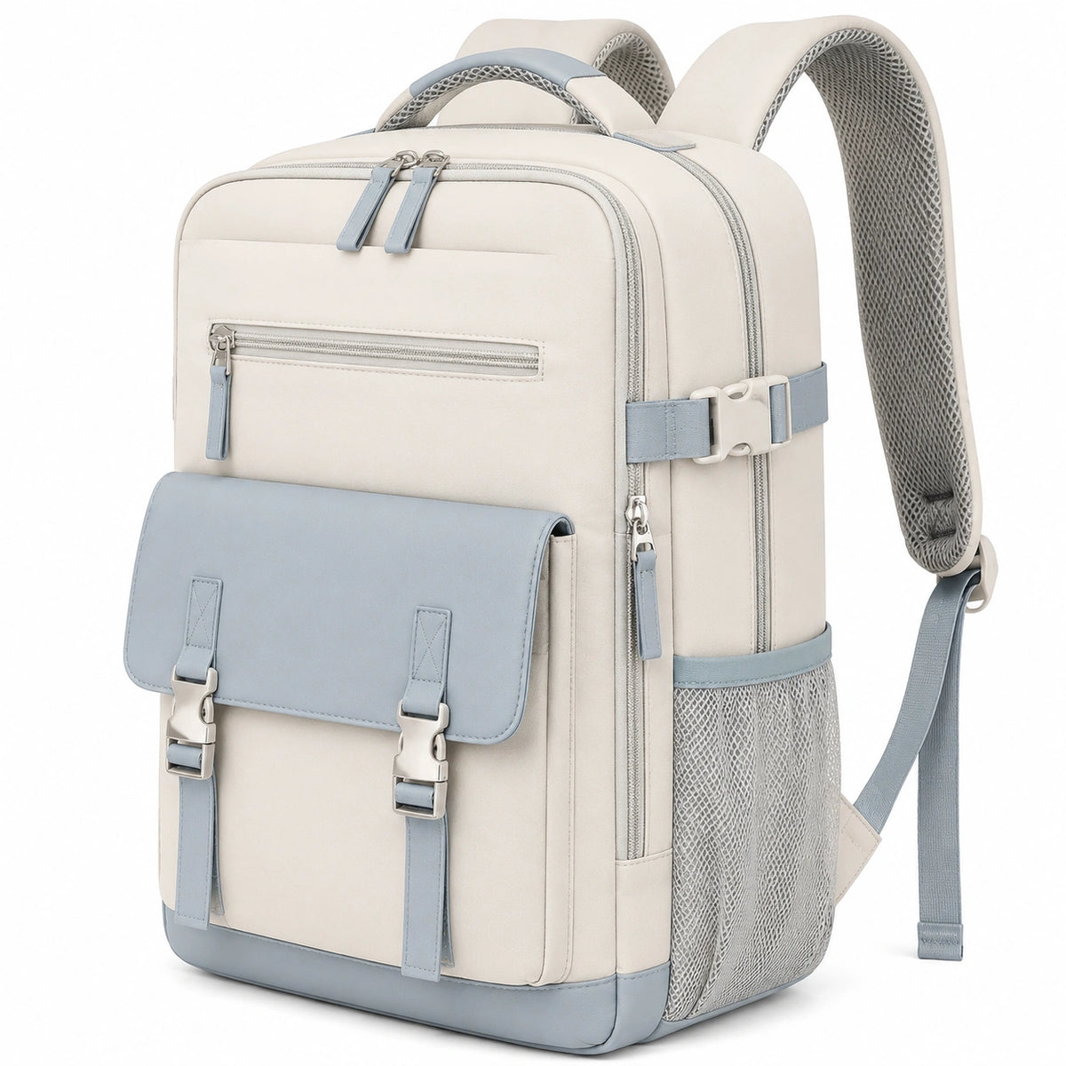 Sac à dos 32 x 18 x 45 cm en polyester beige et bleu gris à compartiments pour voyage