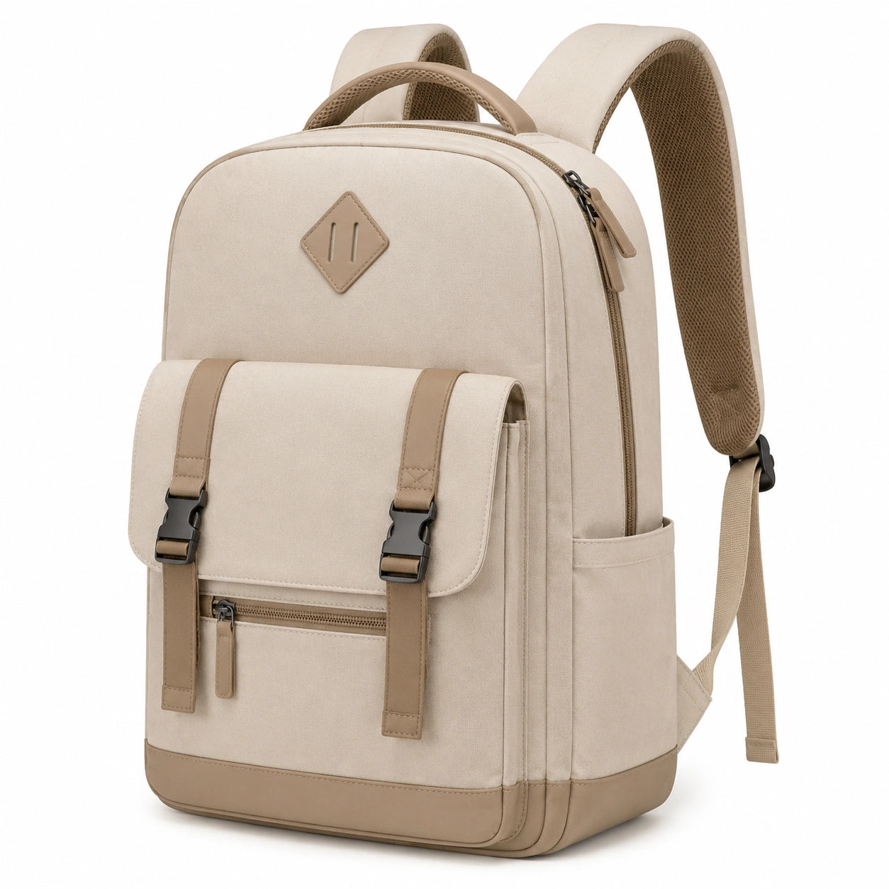 Sac à dos 30 x 15 x 42 cm beige en tissu synthétique avec compartiments zippés