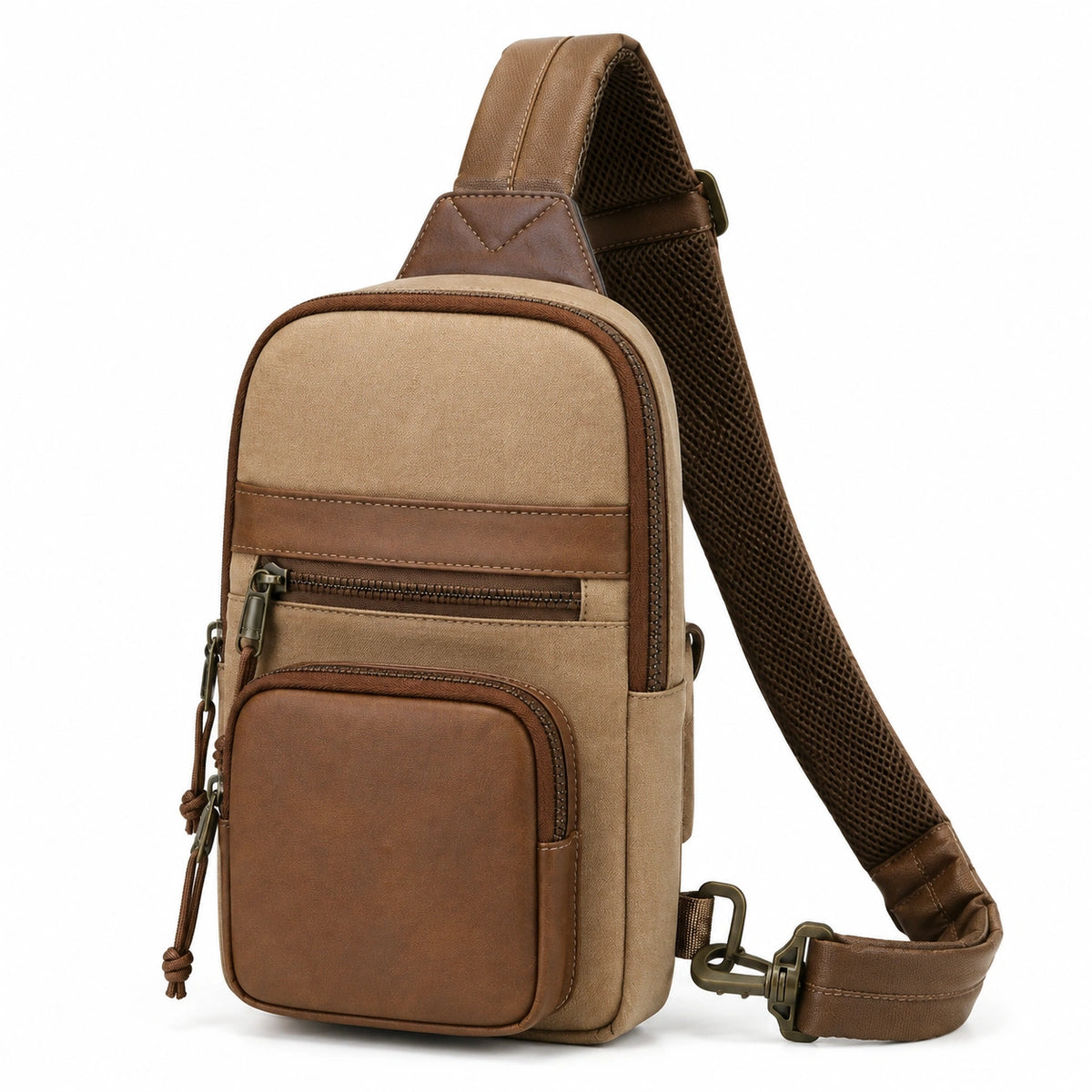 Sac à bandoulière 17 x 8 x 31 cm en textile et similicuir marron à poches zippées