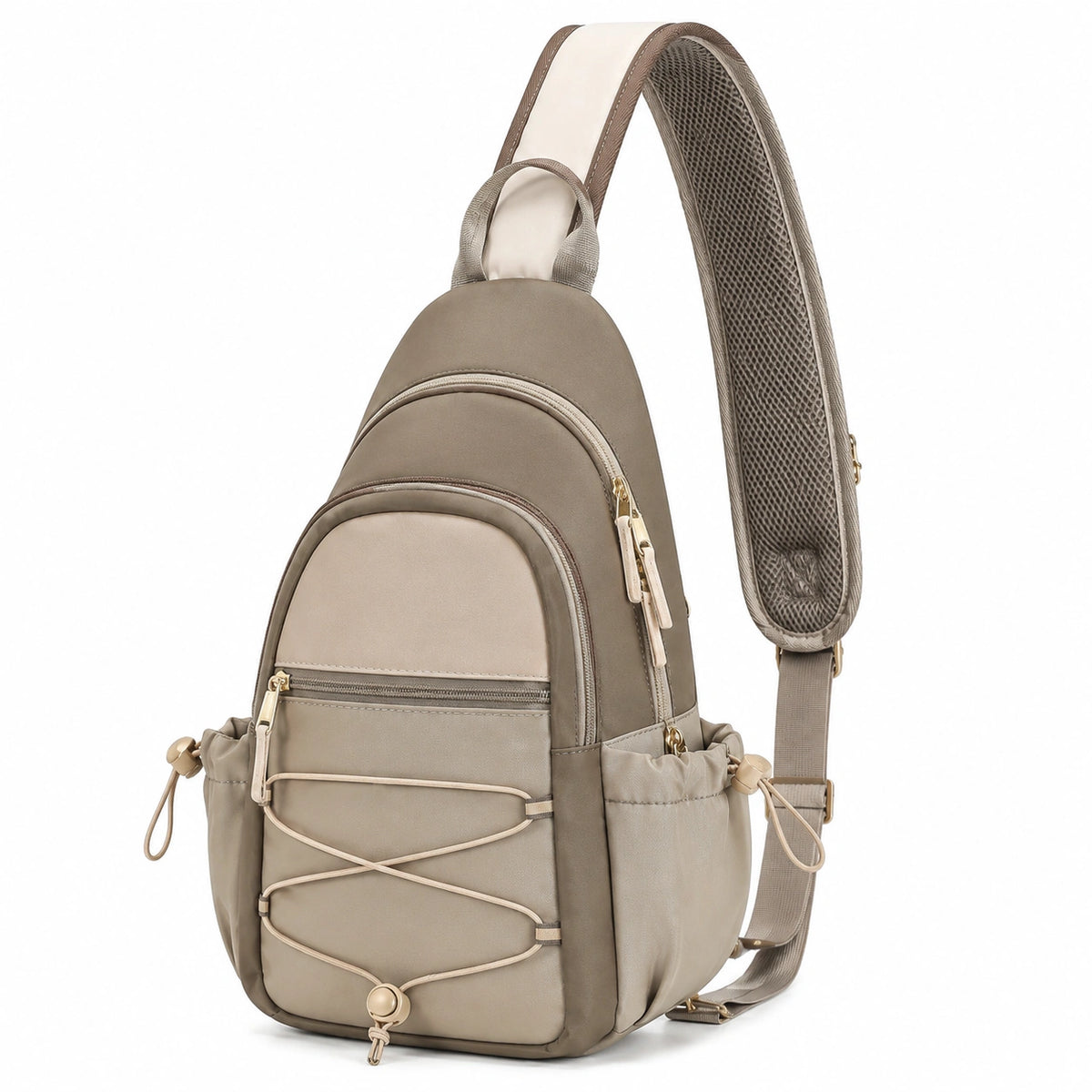 Sac à dos bandoulière 20 x 9 x 32 cm en tissu synthétique taupe avec poches multiples