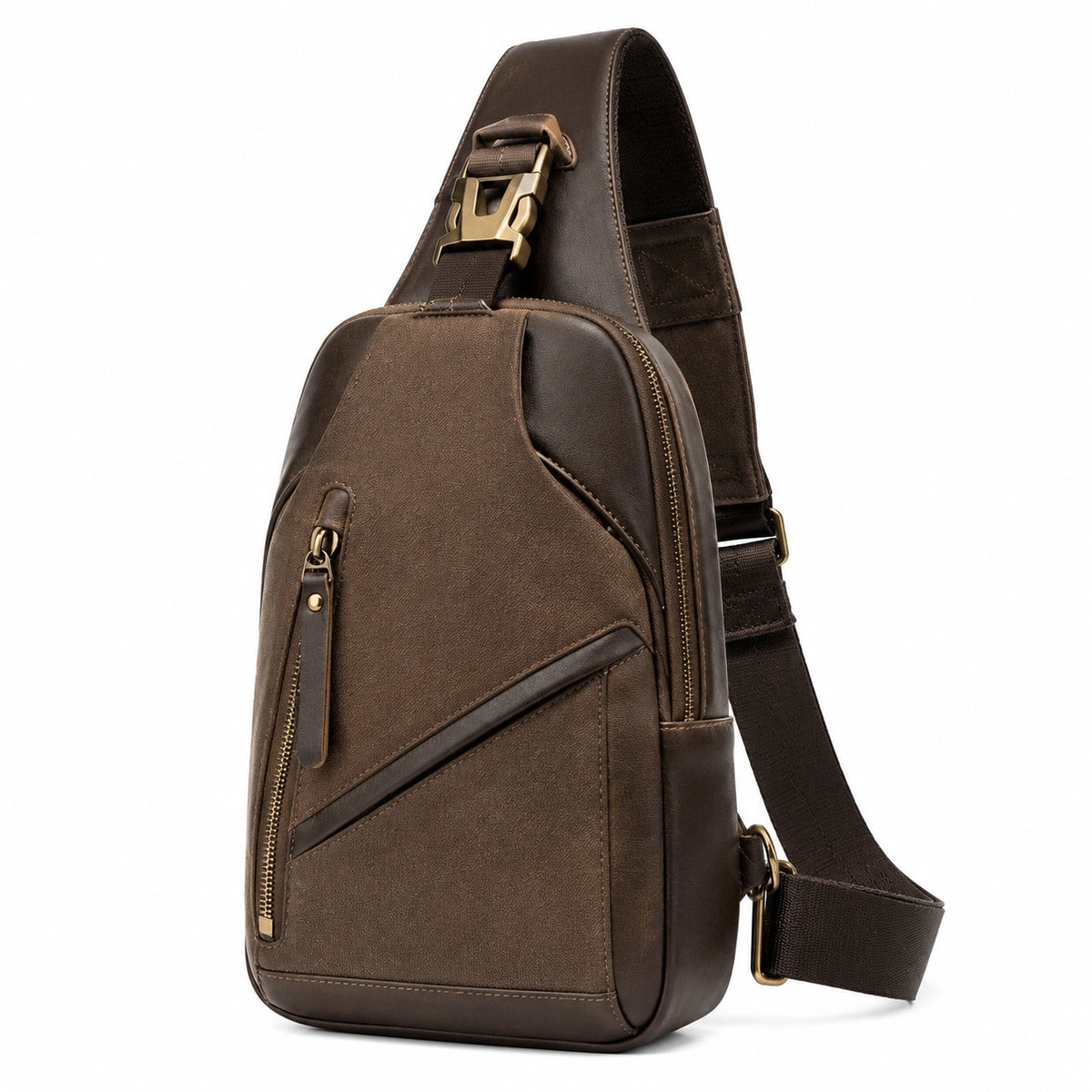 Sac bandoulière 18 x 8 x 32 cm en matière synthétique marron style urbain à compartiments zippés