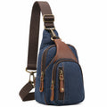 Sac à dos bandoulière 18 x 9 x 32 cm en toile bleu marine et marron avec poches zippées