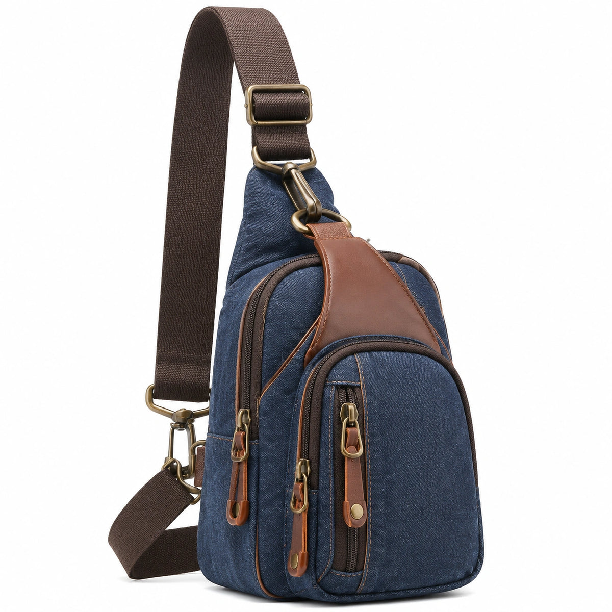 Sac à dos bandoulière 18 x 9 x 32 cm en toile bleu marine et marron avec poches zippées