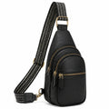 Sac bandoulière 18 x 8 x 32 cm en cuir synthétique noir à motifs géométriques avec poches zippées