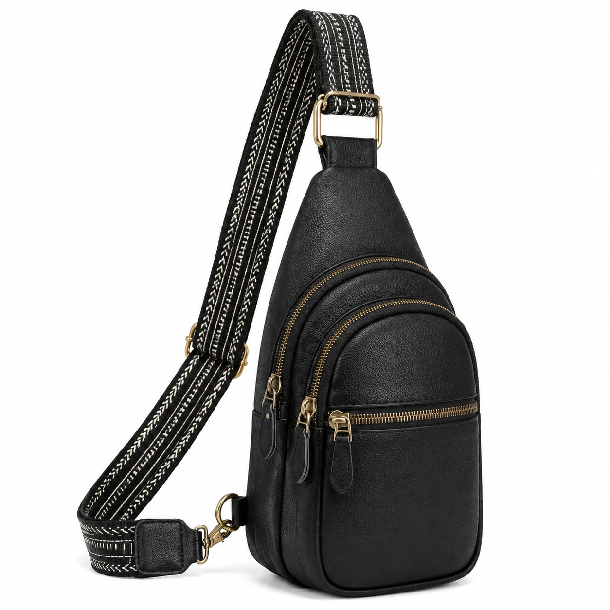 Sac bandoulière 18 x 8 x 32 cm en cuir synthétique noir à motifs géométriques avec poches zippées