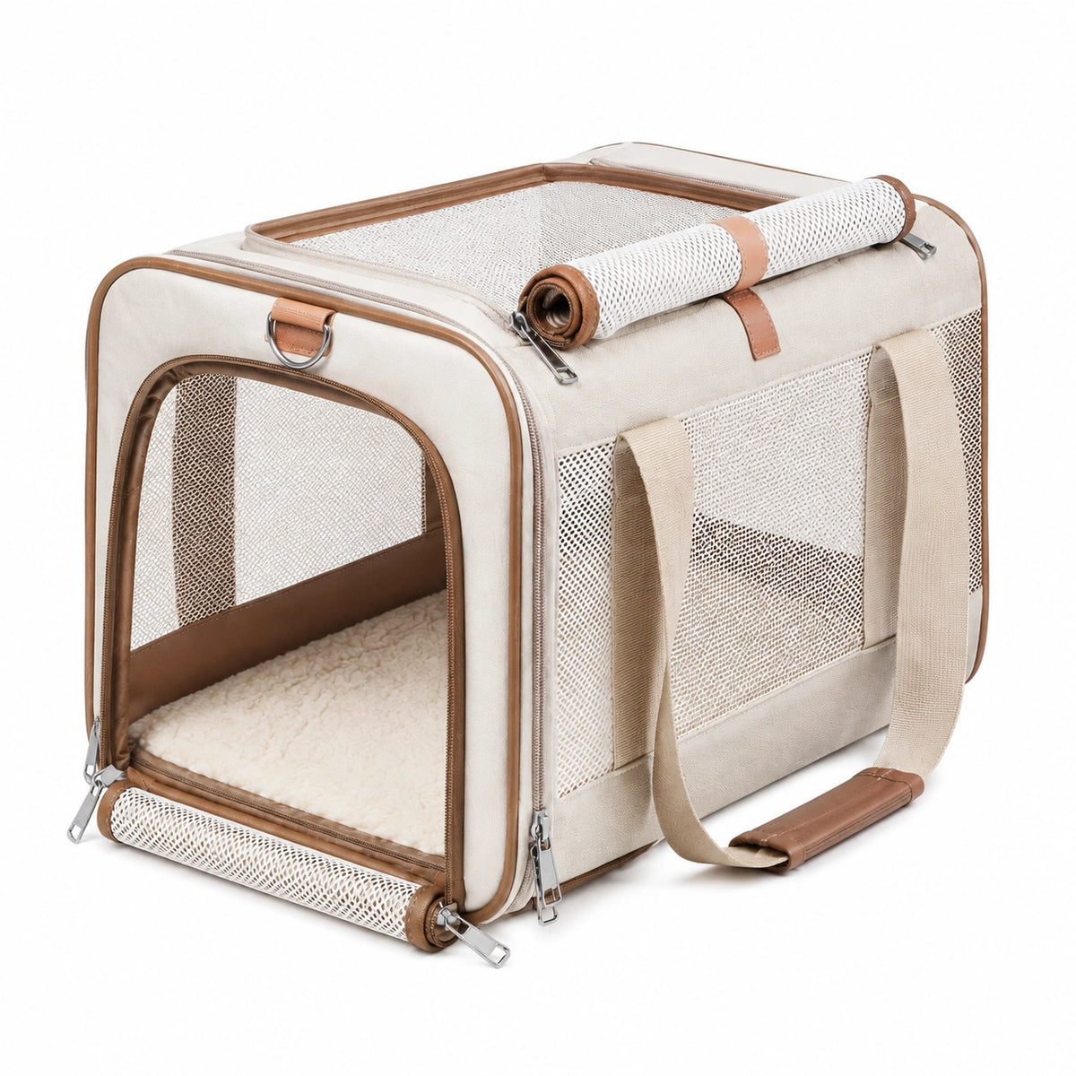 Sac de transport pliable pour animaux 50 x 30 x 32 cm en tissu beige et marron avec panneaux en maille