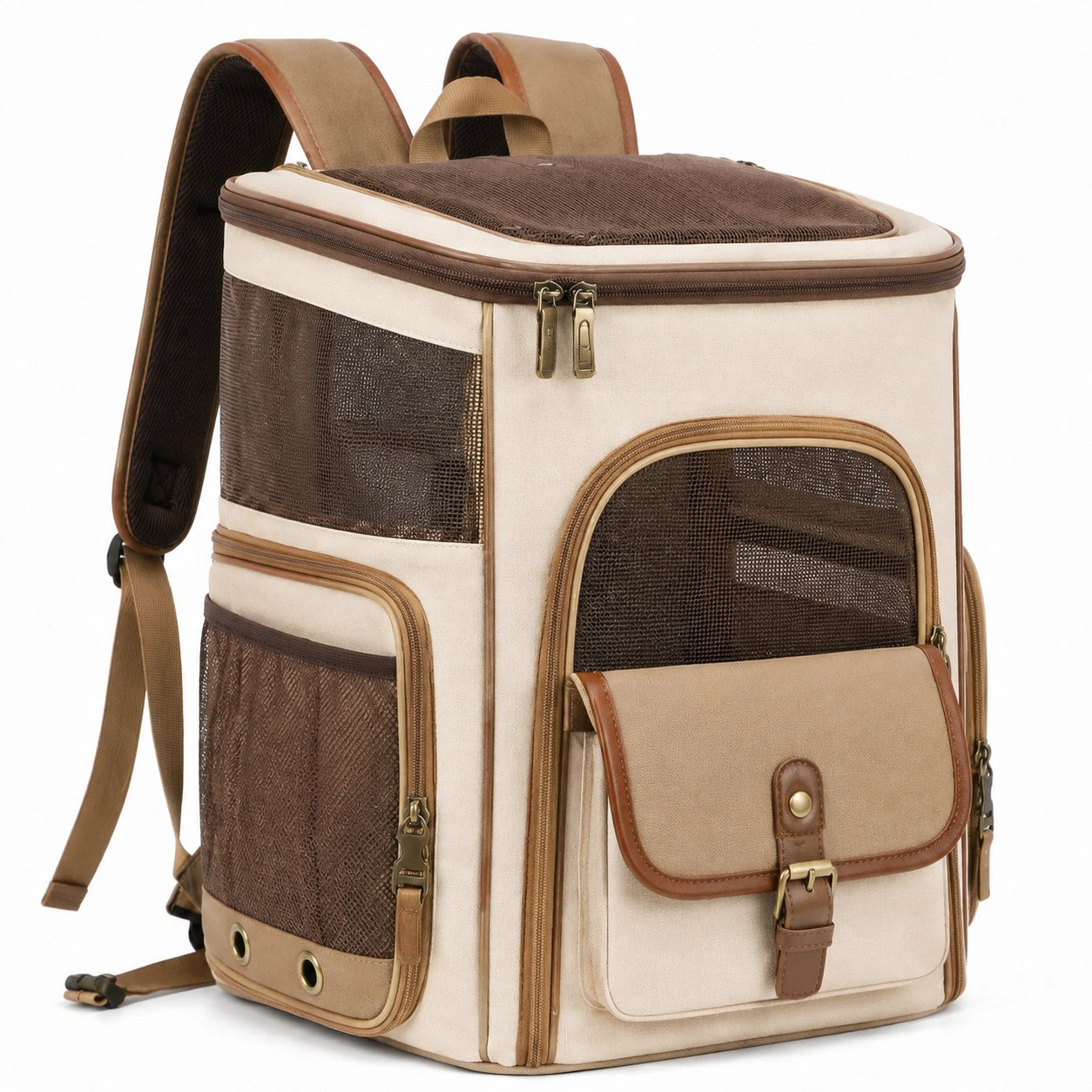 Sac à dos de transport pour animaux 42 x 30 x 45 cm en tissu beige et marron avec maille aérée