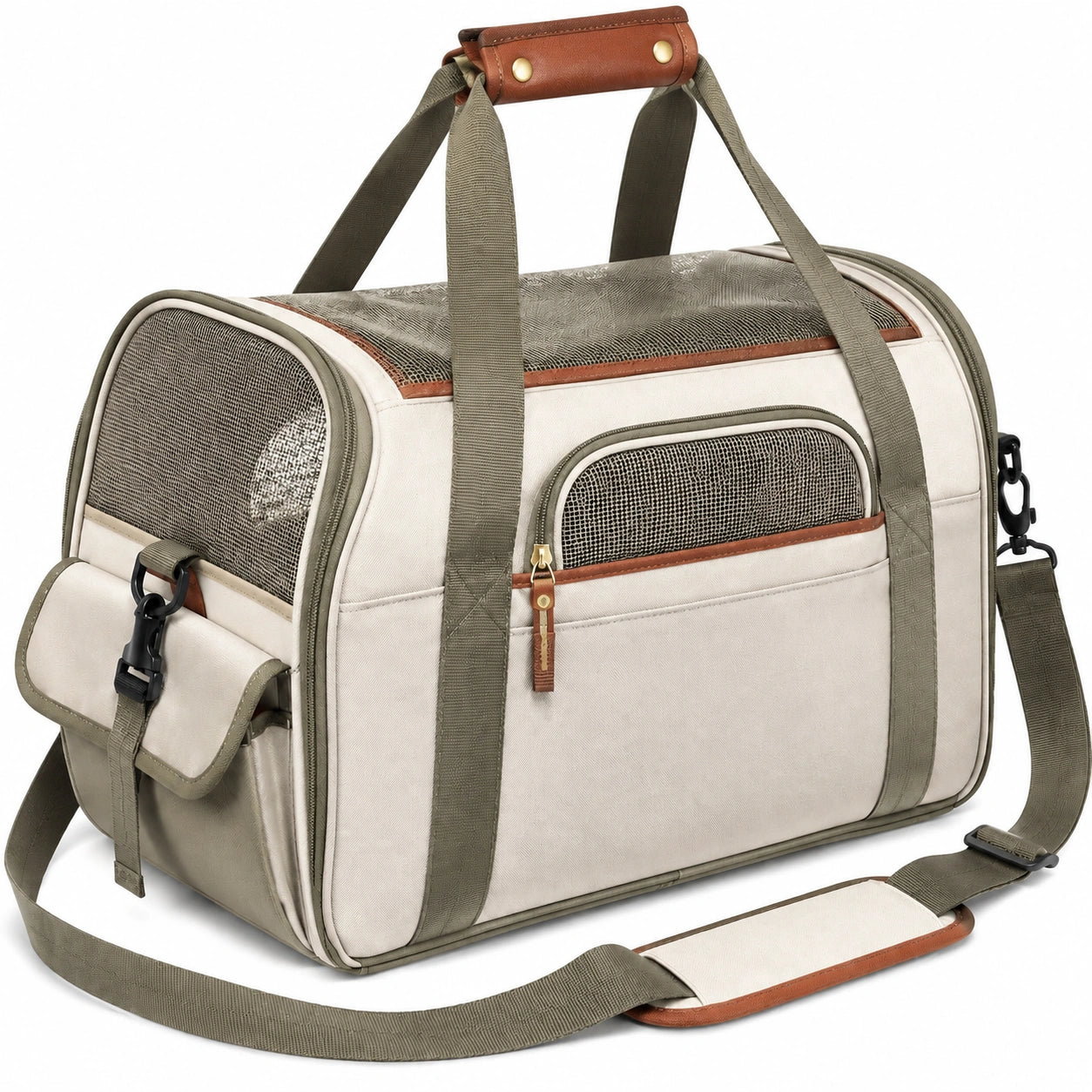 Sac de transport pour animal 46 x 28 x 30 cm en tissu beige et vert avec panneaux en maille respirante