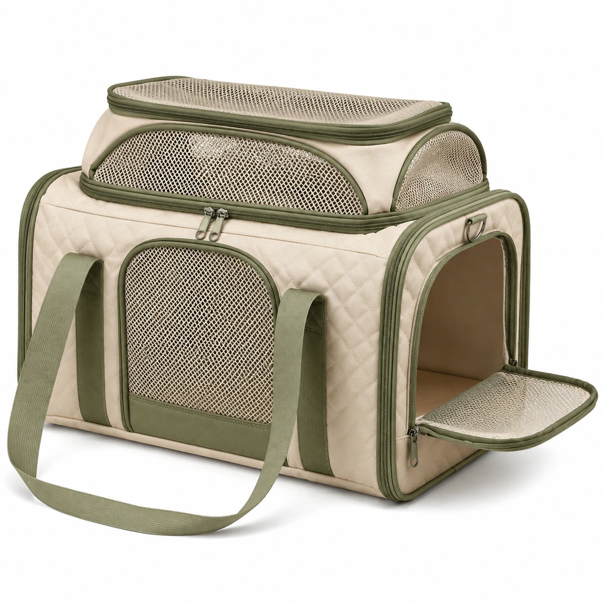 Sac de transport pour animal 50 x 30 x 35 cm en tissu beige et vert avec maille aérée