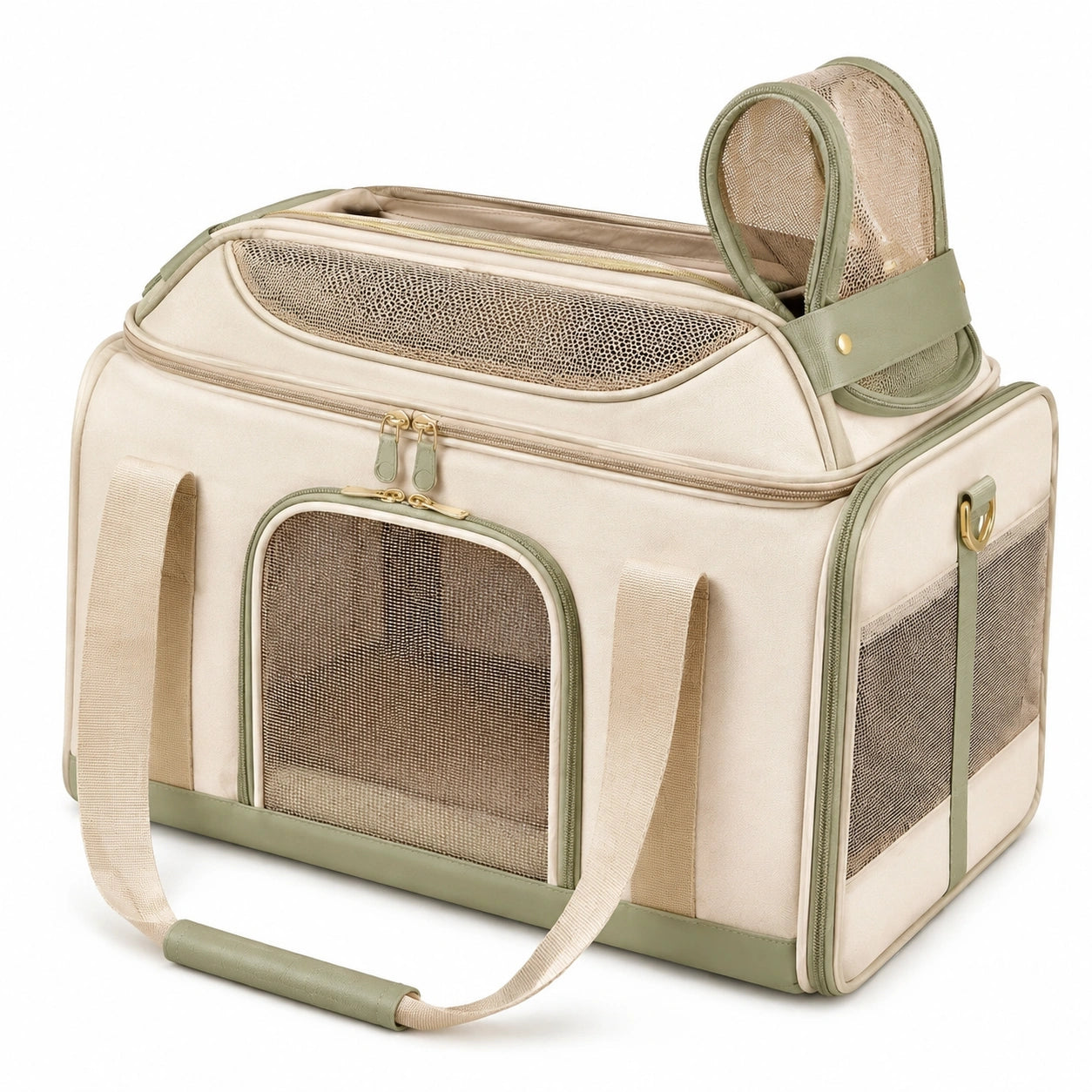 Sac de transport pour animaux 43 x 28 x 30 cm en tissu beige et vert avec maille pliable