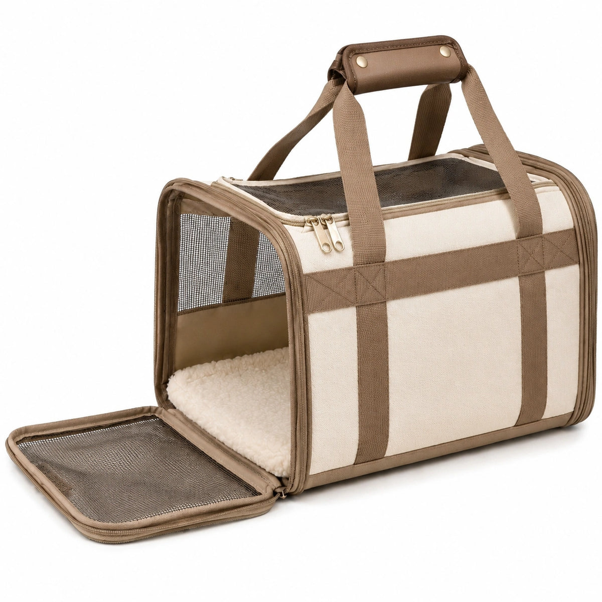 Sac de transport pour chat et petit chien 45 x 28 x 30 cm en textile beige avec maille respirante