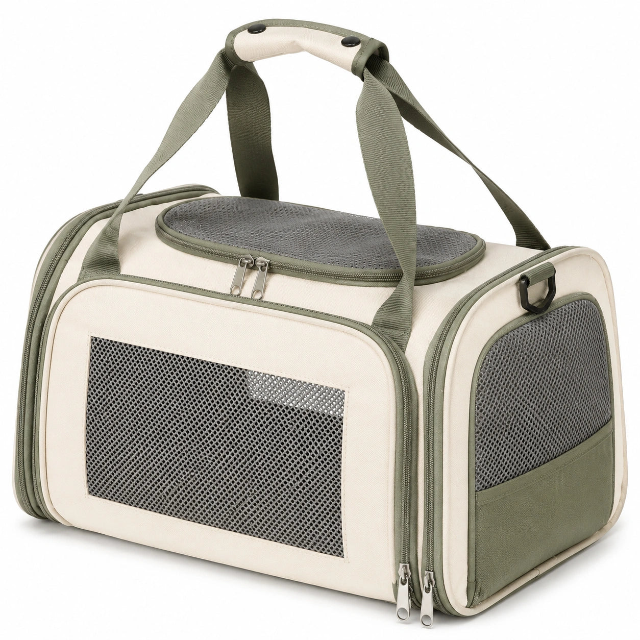 Sac de transport pour animal 45 x 30 x 30 cm en tissu beige et vert avec panneaux en maille