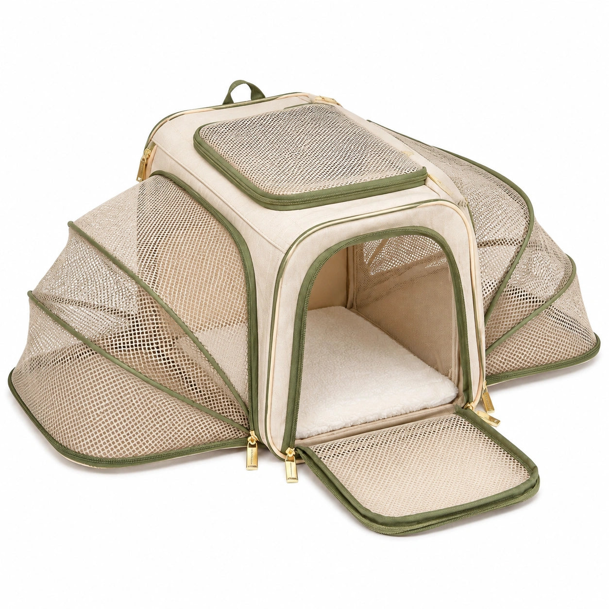 Sac de transport extensible 46 x 28 x 28 cm en tissu beige et vert pour chat et petit chien