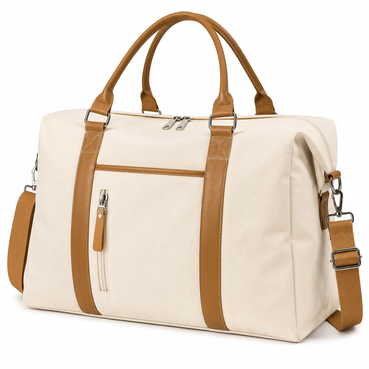 Sac de voyage 50 x 25 x 30 cm en toile beige et similicuir marron avec bandoulière réglable