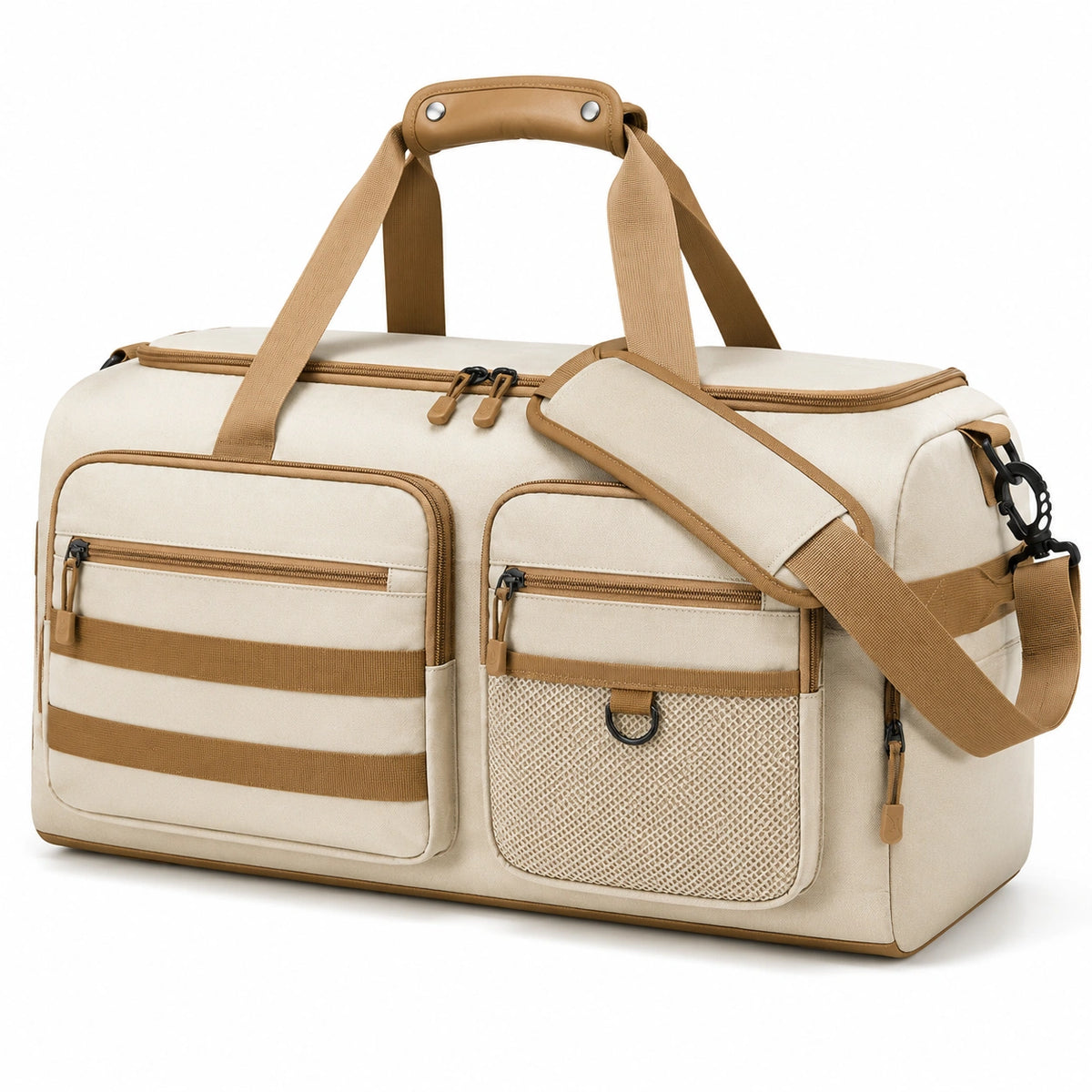 Sac de voyage 50 cm en tissu beige avec bandoulière amovible et poches zippées