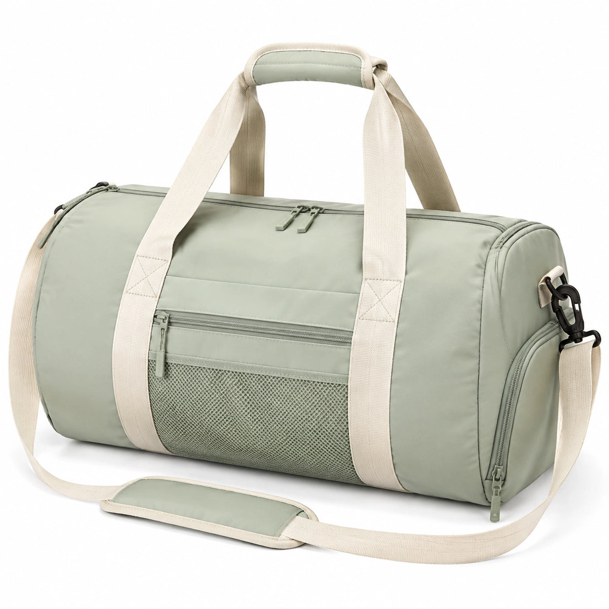 Sac de sport cylindrique 50 cm en polyester vert sauge avec bandoulière et poches zippées