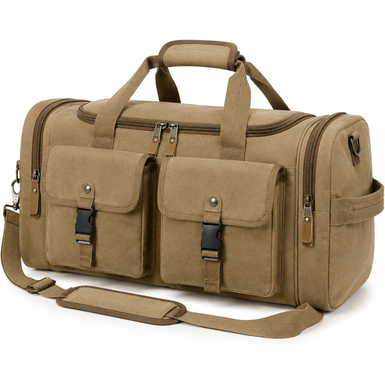 Sac de voyage 50 cm en tissu kaki à compartiments multiples style utilitaire