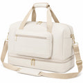 Sac de voyage 45 x 25 x 32 cm en similicuir beige avec compartiment à chaussures et bandoulière réglable