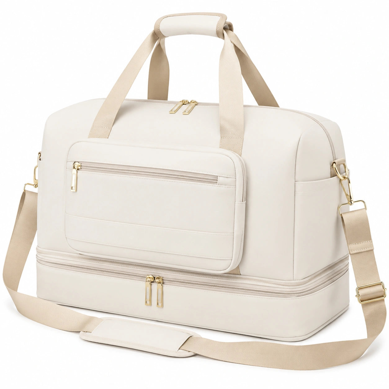 Sac de voyage 45 x 25 x 32 cm en similicuir beige avec compartiment à chaussures et bandoulière réglable