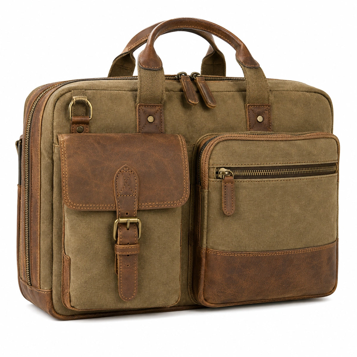 Sac pour ordinateur 40 x 30 x 12 cm en toile kaki et brun à compartiments pour travail