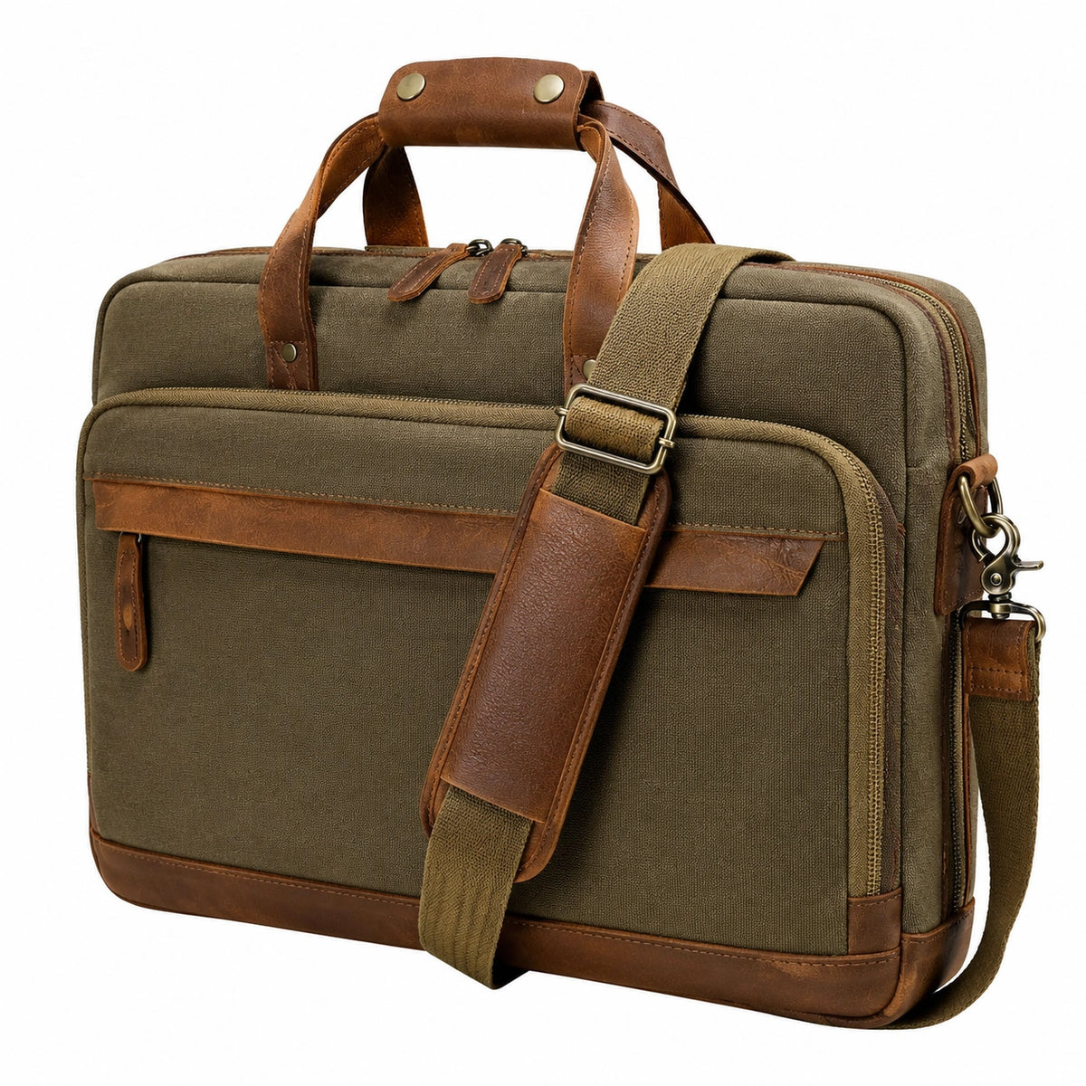 Sacoche pour ordinateur 42 x 30 x 10 cm en toile vert kaki et similicuir marron avec bandoulière réglable