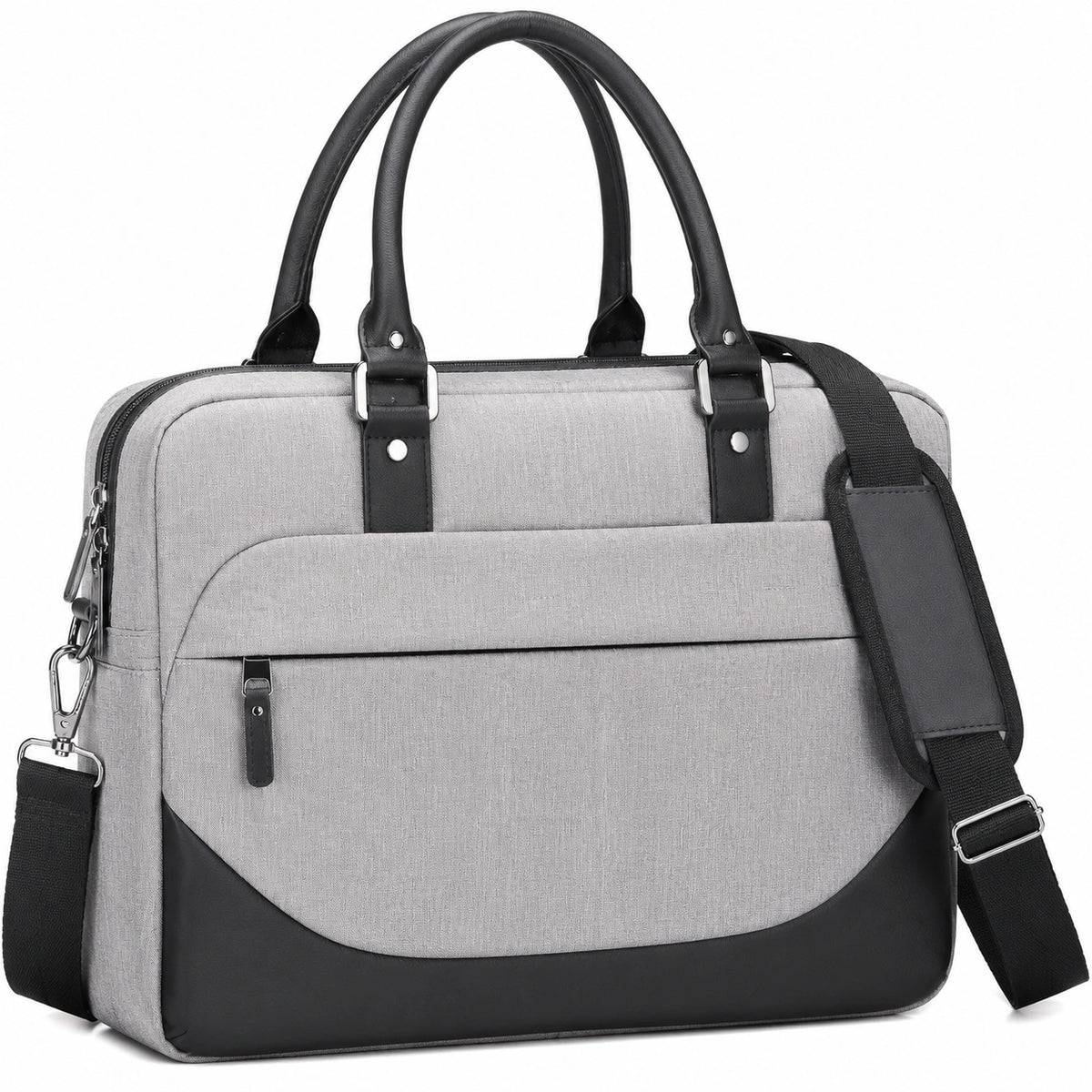 Sac pour ordinateur portable 40 cm en tissu gris et similicuir noir avec bandoulière