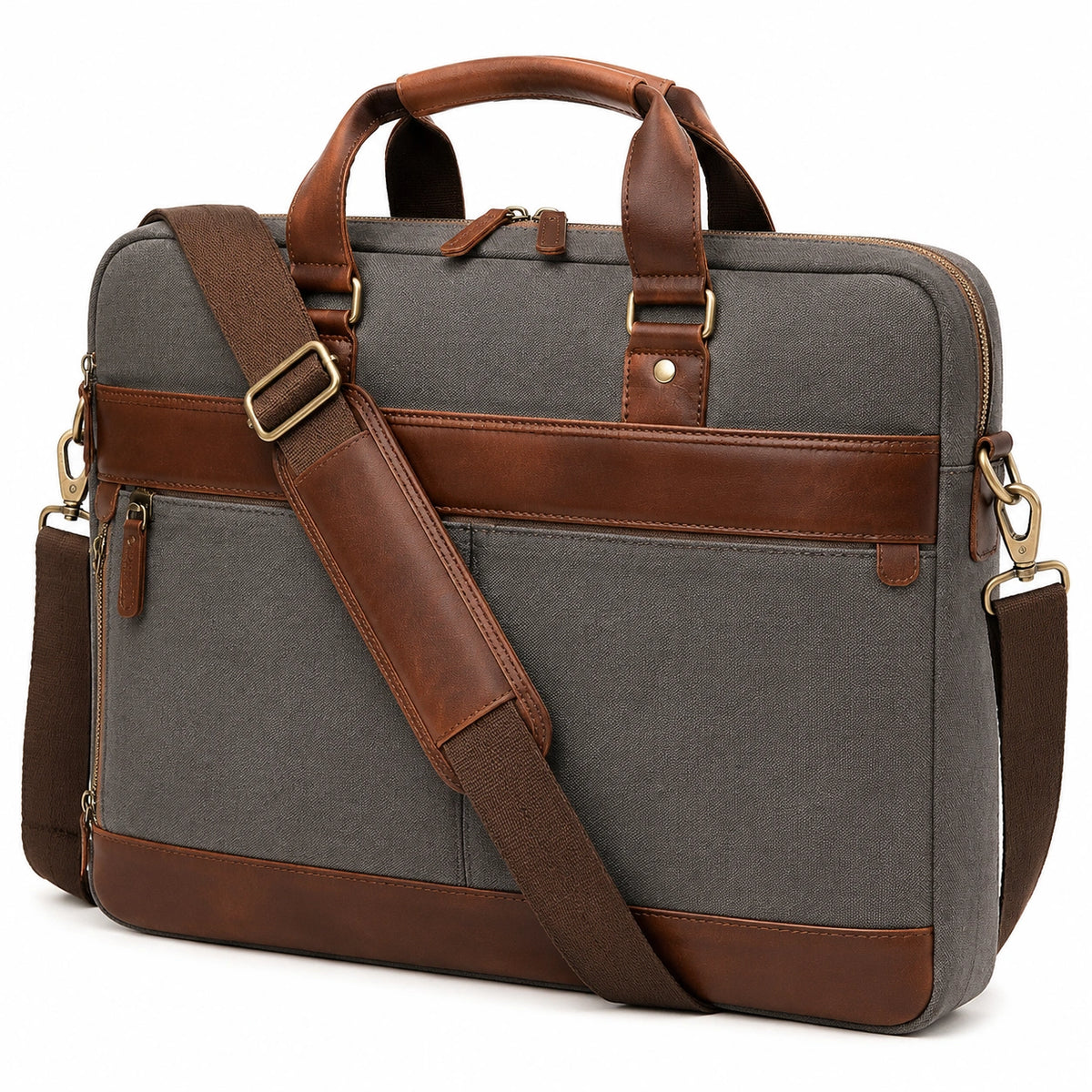 Sacoche ordinateur 40 cm en tissu gris et similicuir marron avec bandoulière réglable